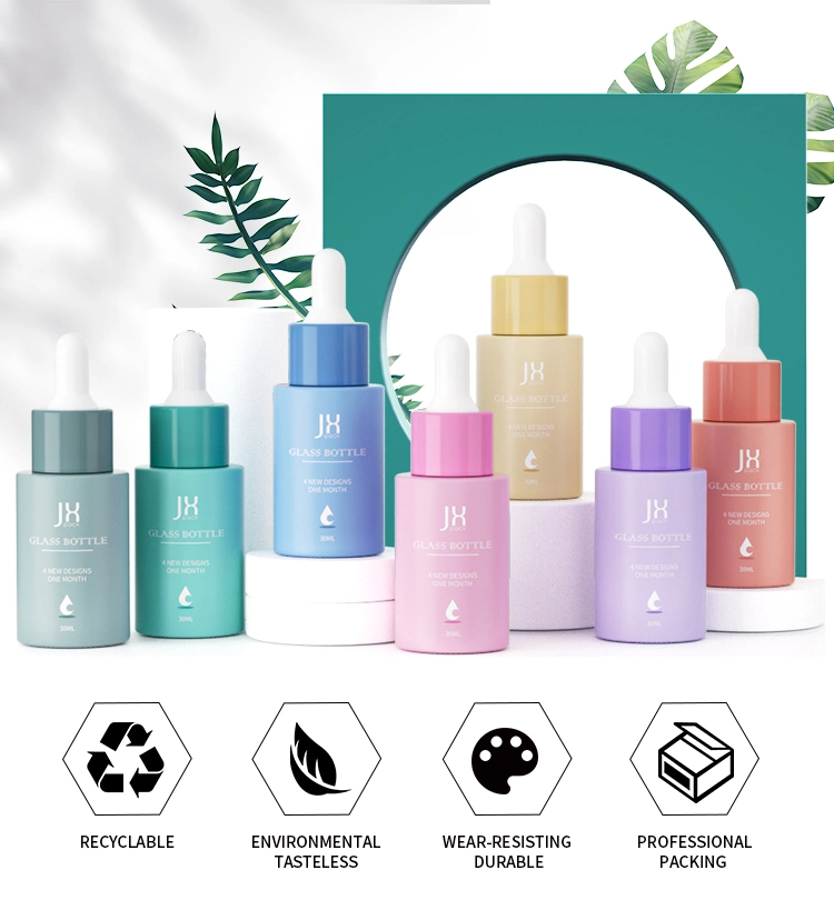 Luxury Cosmetics Packaging Container Glass Bottles 50ml 30ml Flat Shoulder Frosted Serum Essential Oil Dropper Bottle