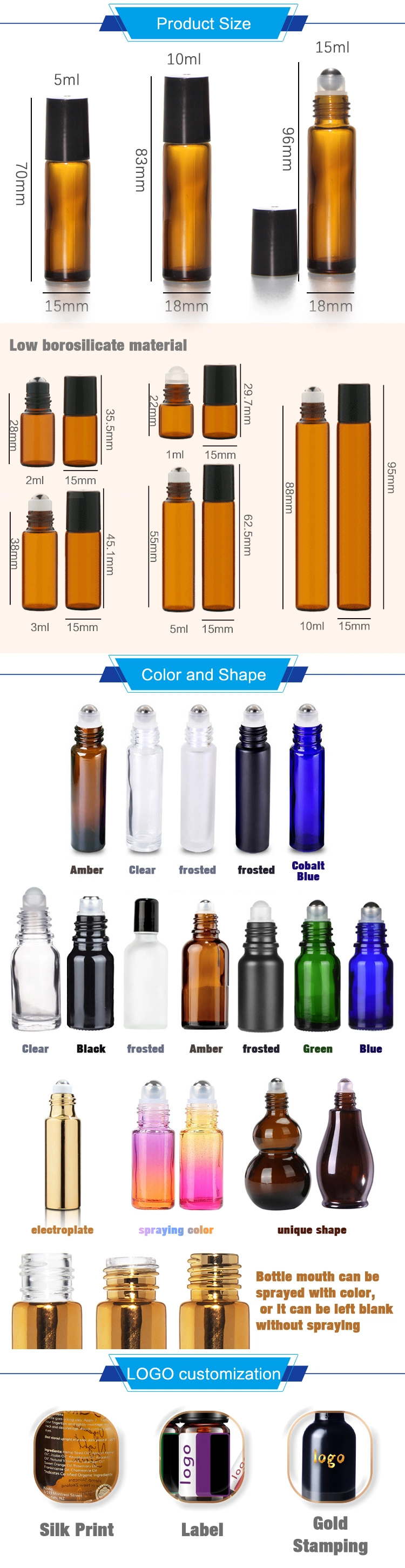 Wholesale 10ml Clear Amber Blue Empty Essential Oil Bottle Lip Gloss Roller Tube Glass Roll on Bottles with Metal Roller Ball Aluminum Cap Plastic Cap